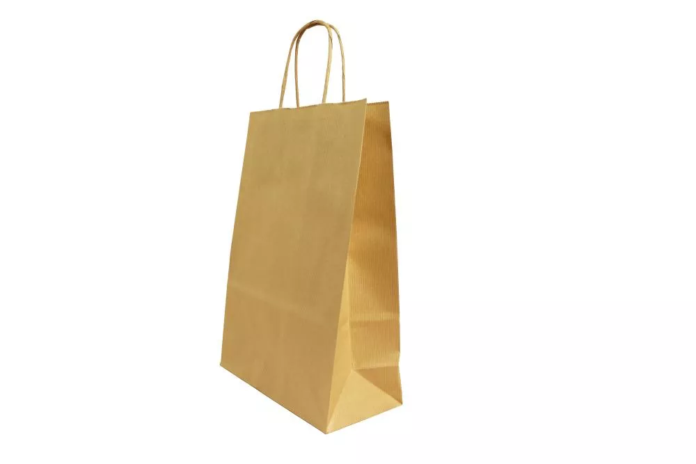 Große (26+12*35 cm) braune geriffelte Papiertasche mit Papierkordel, unbedruckt, 90g/m², 25er Set