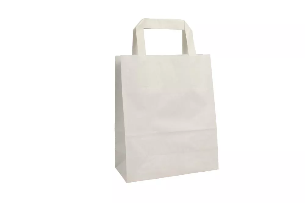 Große (26+12x35 cm) weiße Papiertasche mit Flachhenkel, unbedruckt, 80g/m², 25er Set