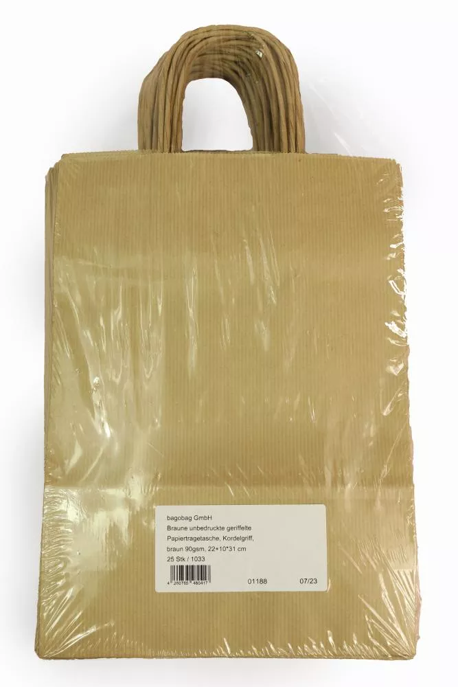 Mittlere (22+10*31 cm) braune geriffelte Papiertasche mit Papierkordel, unbedruckt, 90g/m², 25er Set