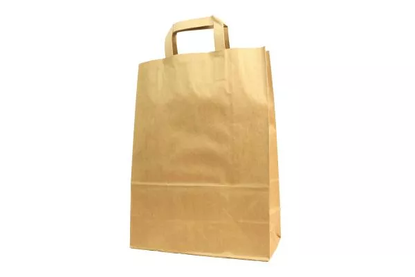 Große (26+12x35 cm) braune Papiertasche mit Flachhenkel, unbedruckt, 80g/m², 25er Set