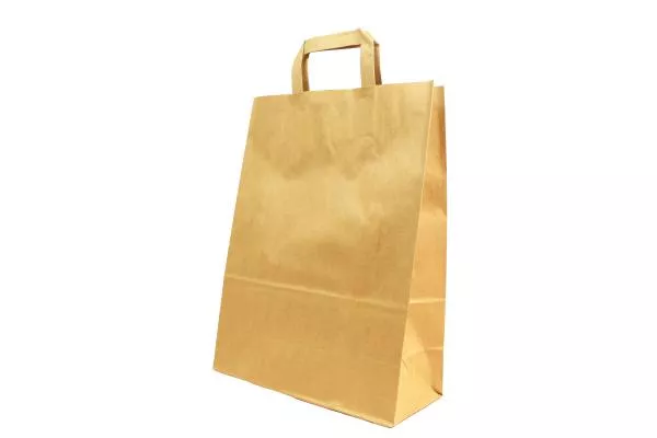 Große (26+12x35 cm) braune Papiertasche mit Flachhenkel, unbedruckt, 80g/m², 25er Set