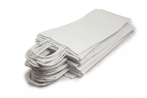 Kleine (14+8*39 cm) weiße Papierflaschentasche mit Papierkordel, unbedruckt, 110g/m², 25er Set