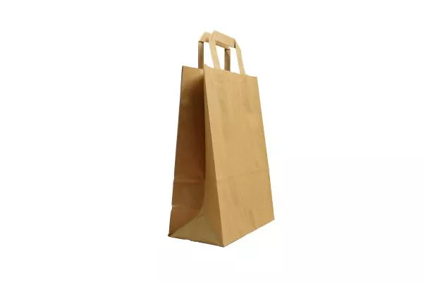 Mittlere (22+10x28 cm) braune Papiertasche mit Flachhenkel, unbedruckt, 70g/m², 25er Set